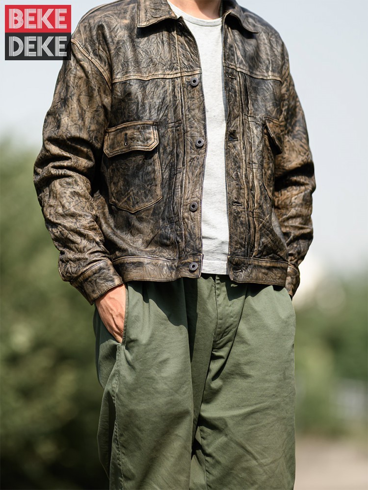 Leather Work Jacket Mens - 남성용 빈티지 주름진 진짜 양가죽 재킷,