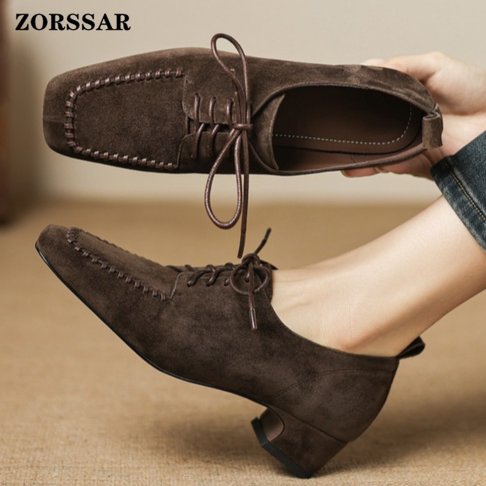 Leather Work Oxfords - 여성용 브라운 스웨이드 스퀘어 토 레이스업