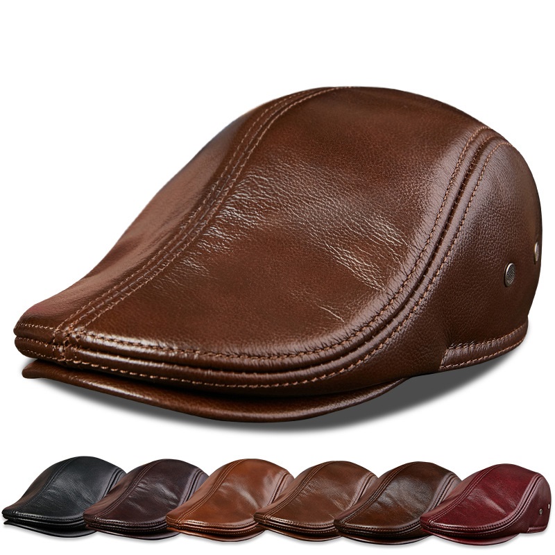 Leather Work Hat - 남성용 진짜 소가죽 베레모 모자, 하이