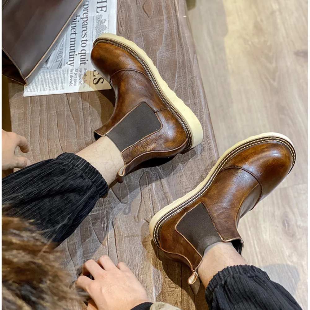 Leather Work Oxfords - 레트로 남성용 천연 가죽 첼시 부츠