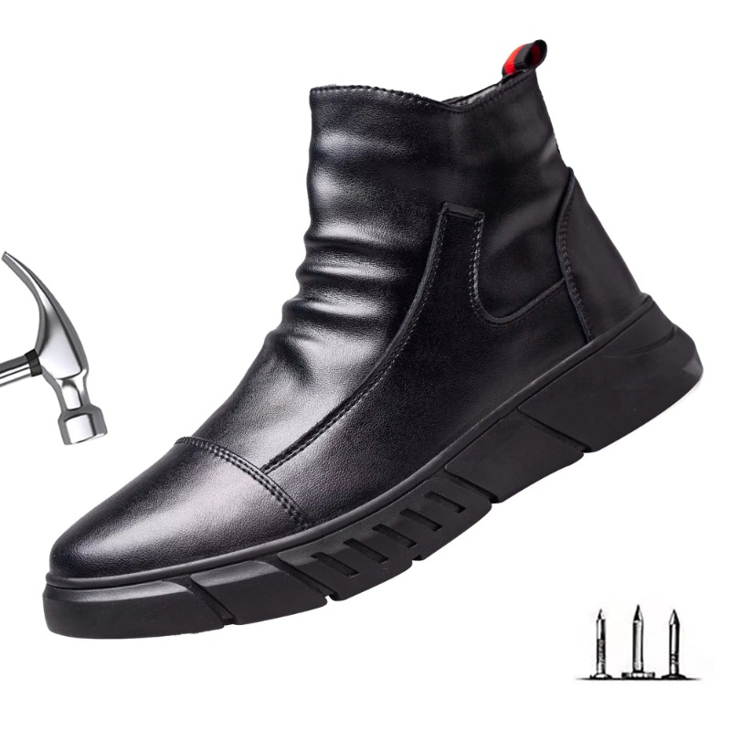 Leather Work Hat - 남성용 2025 블랙 가죽 안전 작업화,