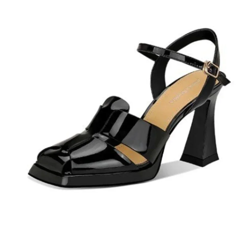 Leather Work Heels - 여성용 하이힐 샌들 패션 특허 가죽