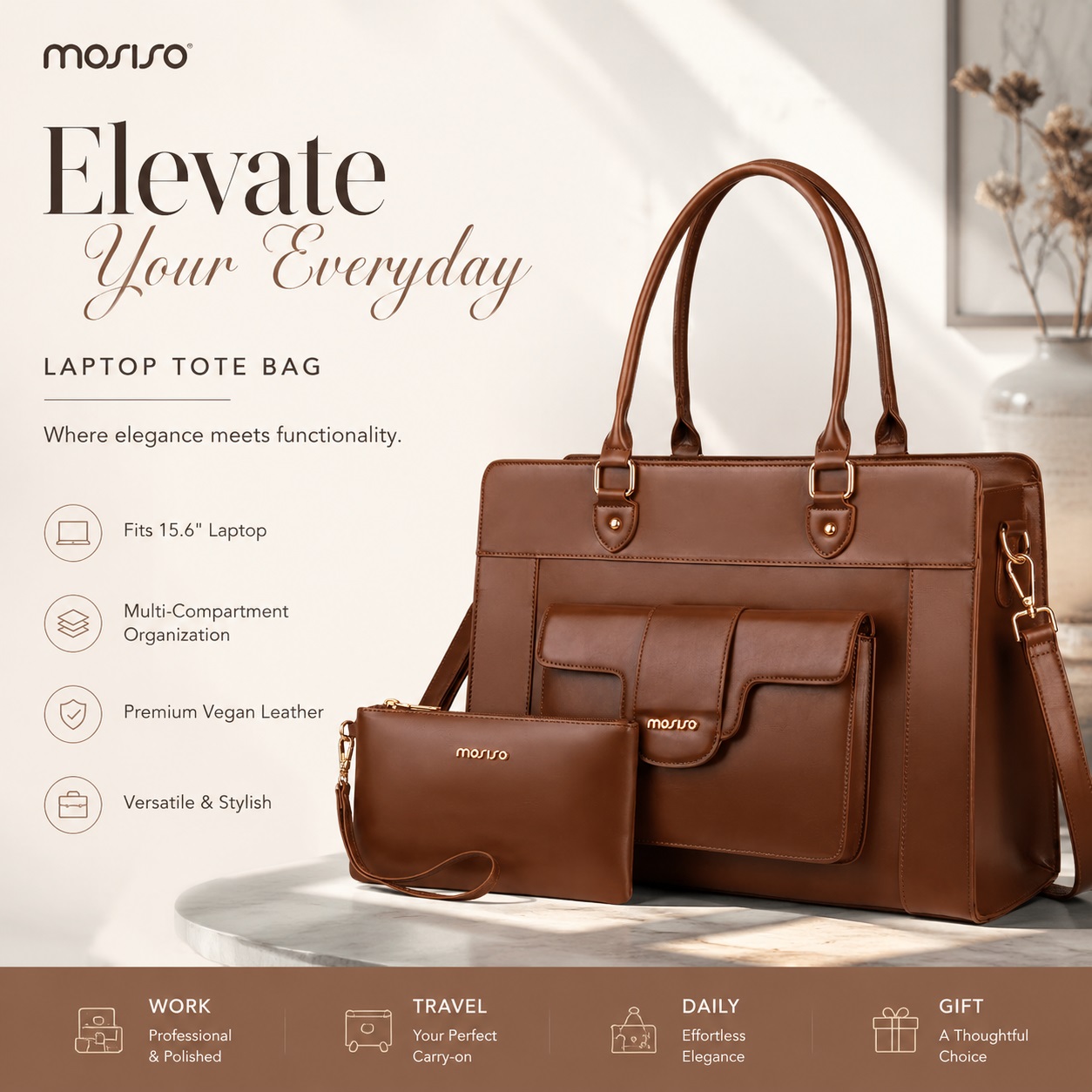 Leather Work Laptop Bag - MOSISO 여성용 노트북 토트 백 15.6