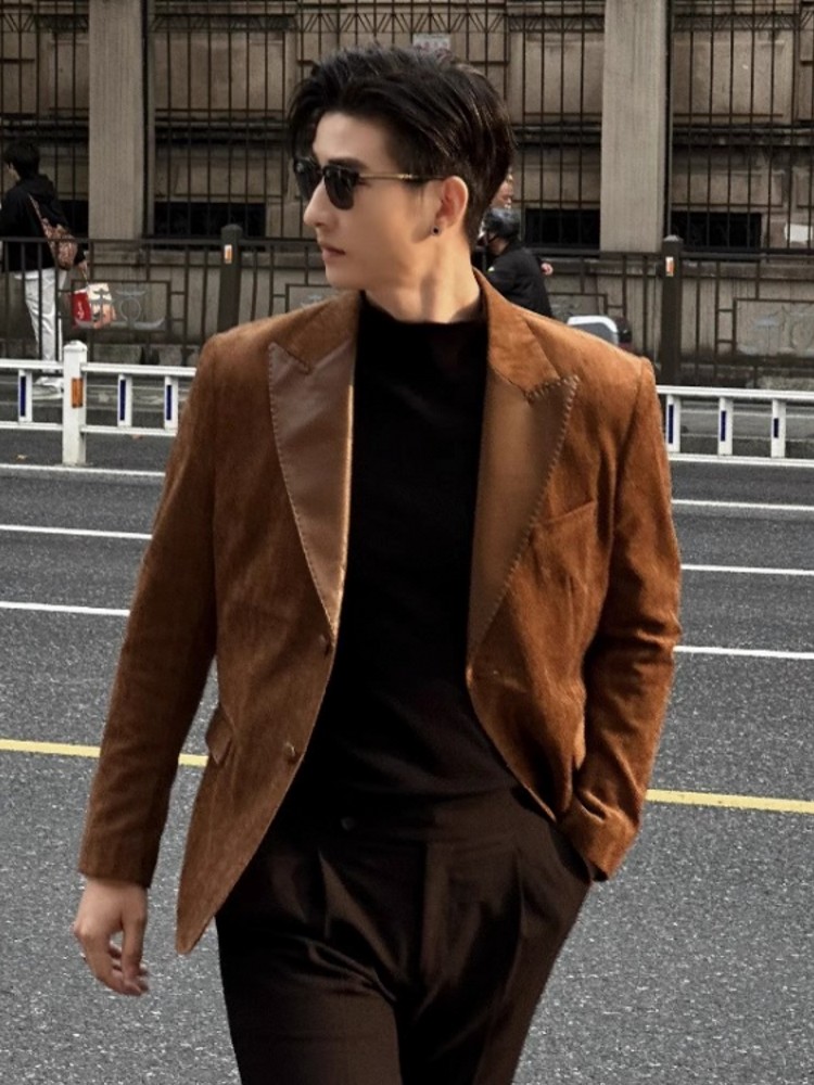 남성용 슬림 핏 블레이저 재킷, PU 가죽 접합 칼라, - Leather Work Jacket Mens 리뷰 및 가격