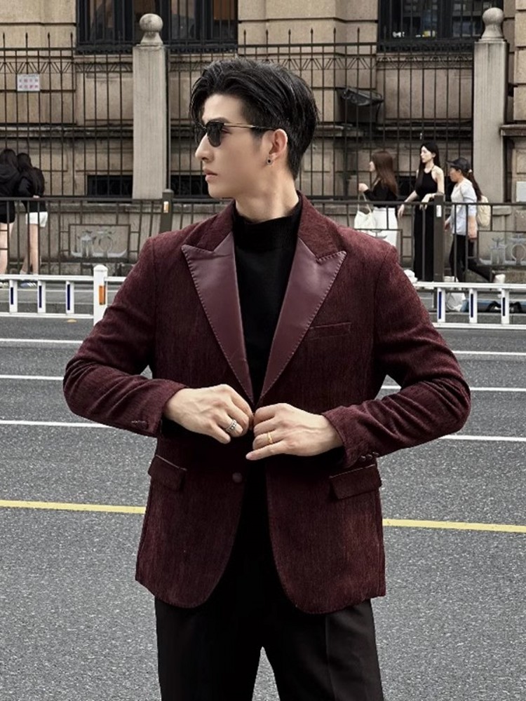 남성용 슬림 핏 블레이저 재킷, PU 가죽 접합 칼라, - Leather Work Jacket Mens 리뷰 및 가격