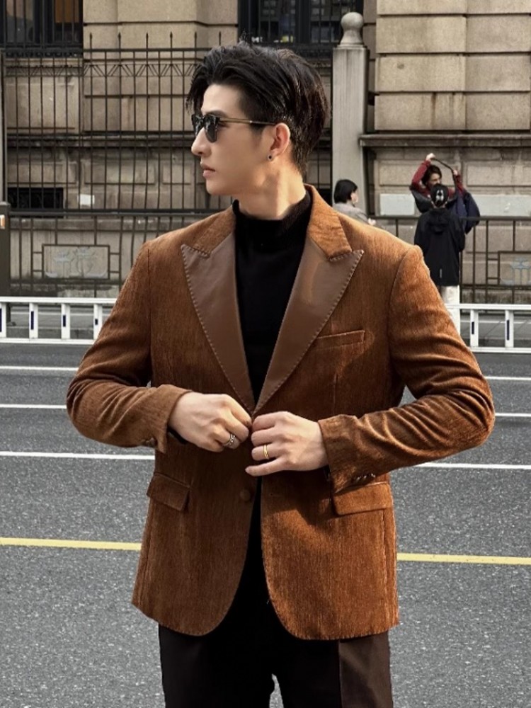 남성용 슬림 핏 블레이저 재킷, PU 가죽 접합 칼라, - Leather Work Jacket Mens 리뷰 및 가격