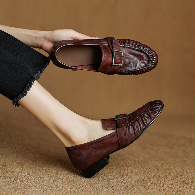 여성용 정품 가죽 펌프스, 여성용 주름진 라운드 토 슈 - Leather Work Heels 리뷰 및 가격