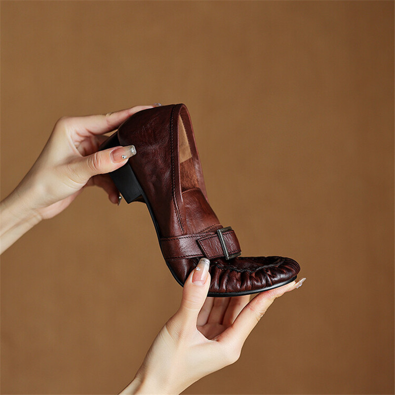 여성용 정품 가죽 펌프스, 여성용 주름진 라운드 토 슈 - Leather Work Heels 리뷰 및 가격