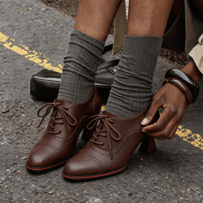 여성용 인조 가죽 브로그 옥스퍼드 힐 플레어드 미드 블 - Leather Work Oxfords 리뷰 및 가격