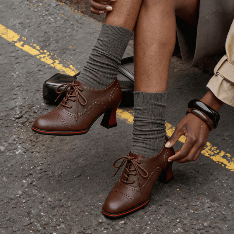 여성용 인조 가죽 브로그 옥스퍼드 힐 플레어드 미드 블 - Leather Work Oxfords 리뷰 및 가격